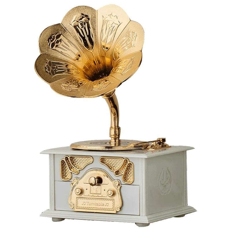 Luxury Home Ornaments Vintage Antique Wooden Metal Phonograph Music Box for Living Room Desktop Decoration Birthday Gifts