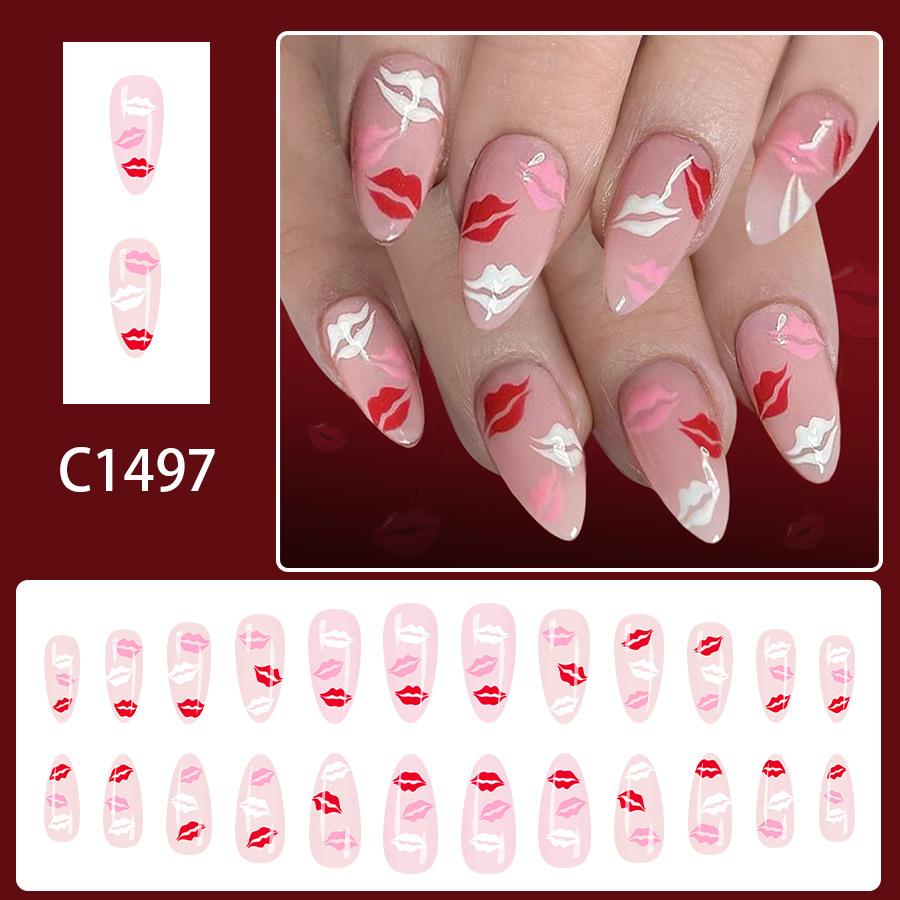 

Sweet Short Almond Press On Nails 24Pcs Matte Red Lips Design Valentines Day Gift for Women Trendy Ins Style красный