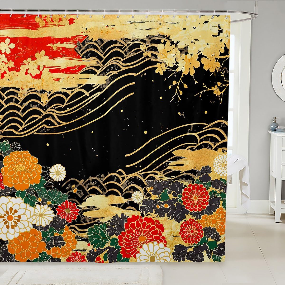 

Erosebridal Red-Crowned Crane Fabric Shower Curtain, Japanese Ukiyo-E Bathroom Shower Curtain Sets Vintage Floral With Moon W60H190(CM)-1 Pcs