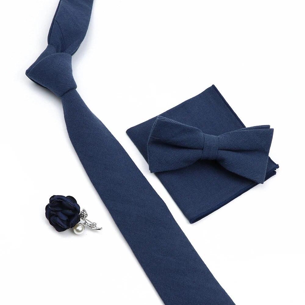 Solid Color Cotton Necktie Set For Men Tie 4pcs Hanky Cufflinks Rhinestone FLoral Brooch Tie Set