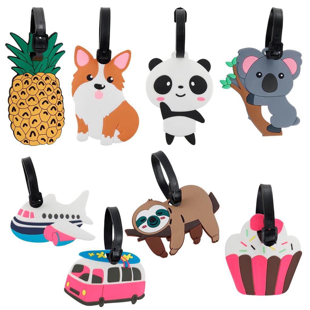 8Pcs Cartoon Luggage Tags Suitcase Identify Labels PVC Travel Baggage Tags with Adjustable Strap for Suitcases Travel Bag Decor