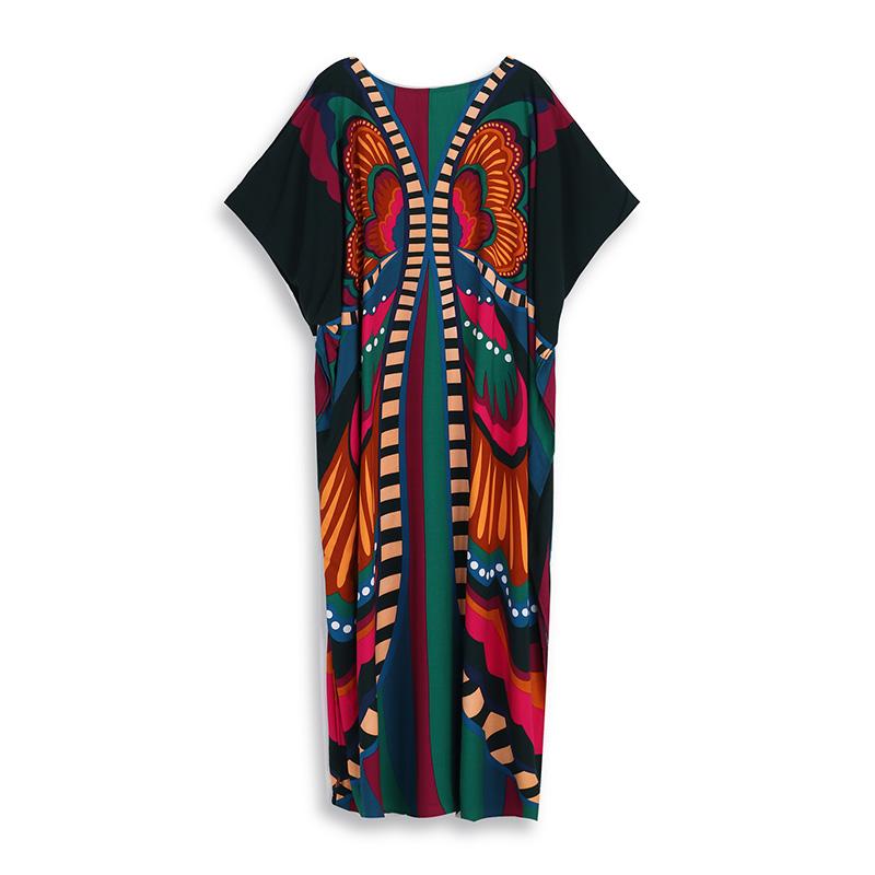 EDOLYNSA Různobarevné Kaftan Bohemian Potištěné Maxi šaty Batwing Sleeve Sleeve Sleeve Women Dámské plážové oblečení Polorukáv Maxi šaty Robe Q1342