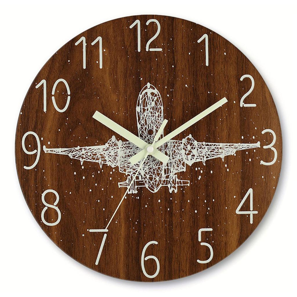 8" Silent Luminous Wall Clock, Wood Grain MDF, Fluorescent Quartz Clock