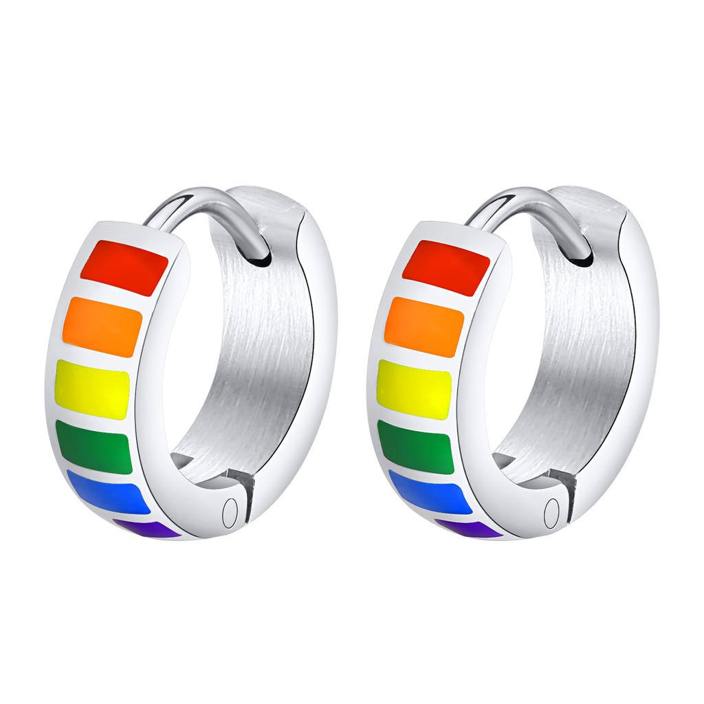 Vnox Rainbow Hoop Earrings for Men Women, Waterproof Stainless Steel 4*13mm Huggie Earrings, LGBTQ Friendly Pride Jewelry Gifts