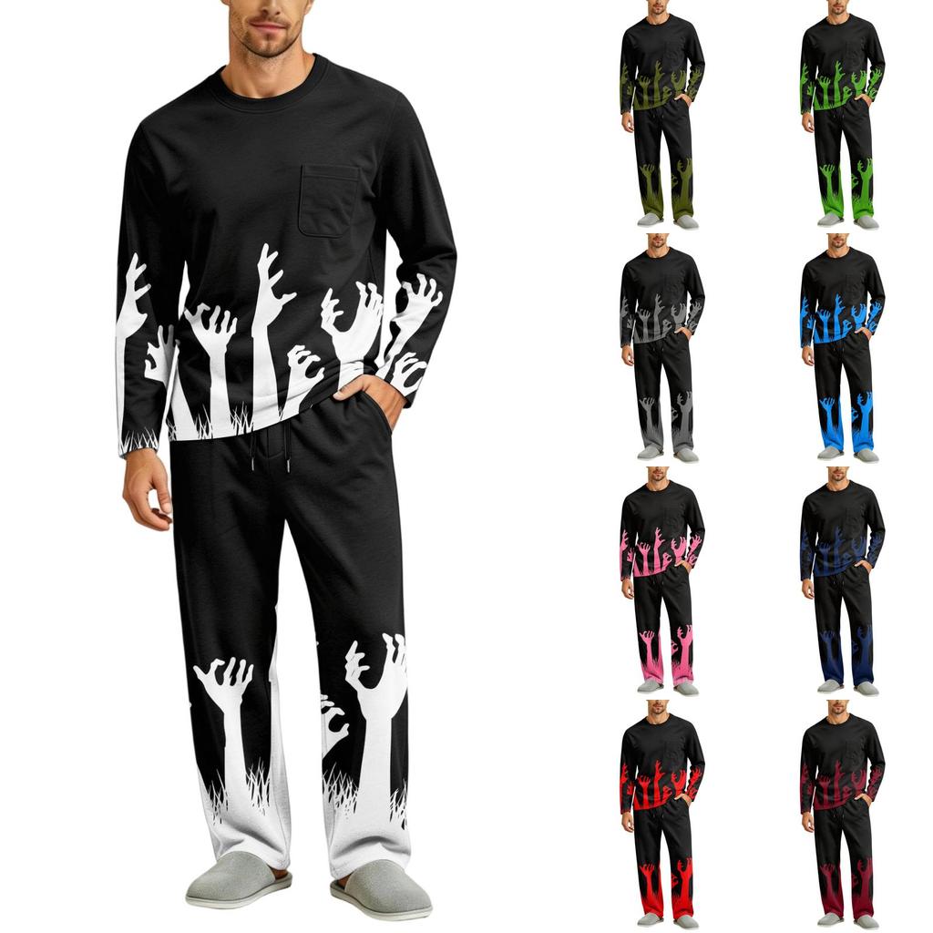 Men's Halloween Pajama Set Long Sleeve with Button Crotch and Elastic Waist Drawstring for Holiday Sleepwear