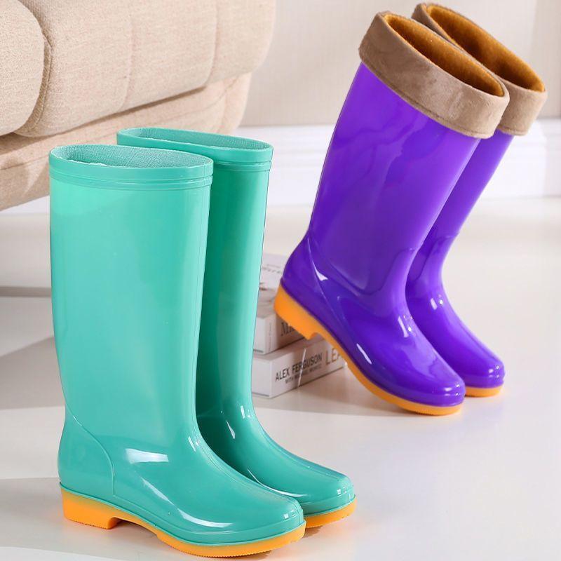 High tube rain shoes women's fashion outer wear non-slip and anti-platform rubber shoes adult long velvet soft-soled rain boots