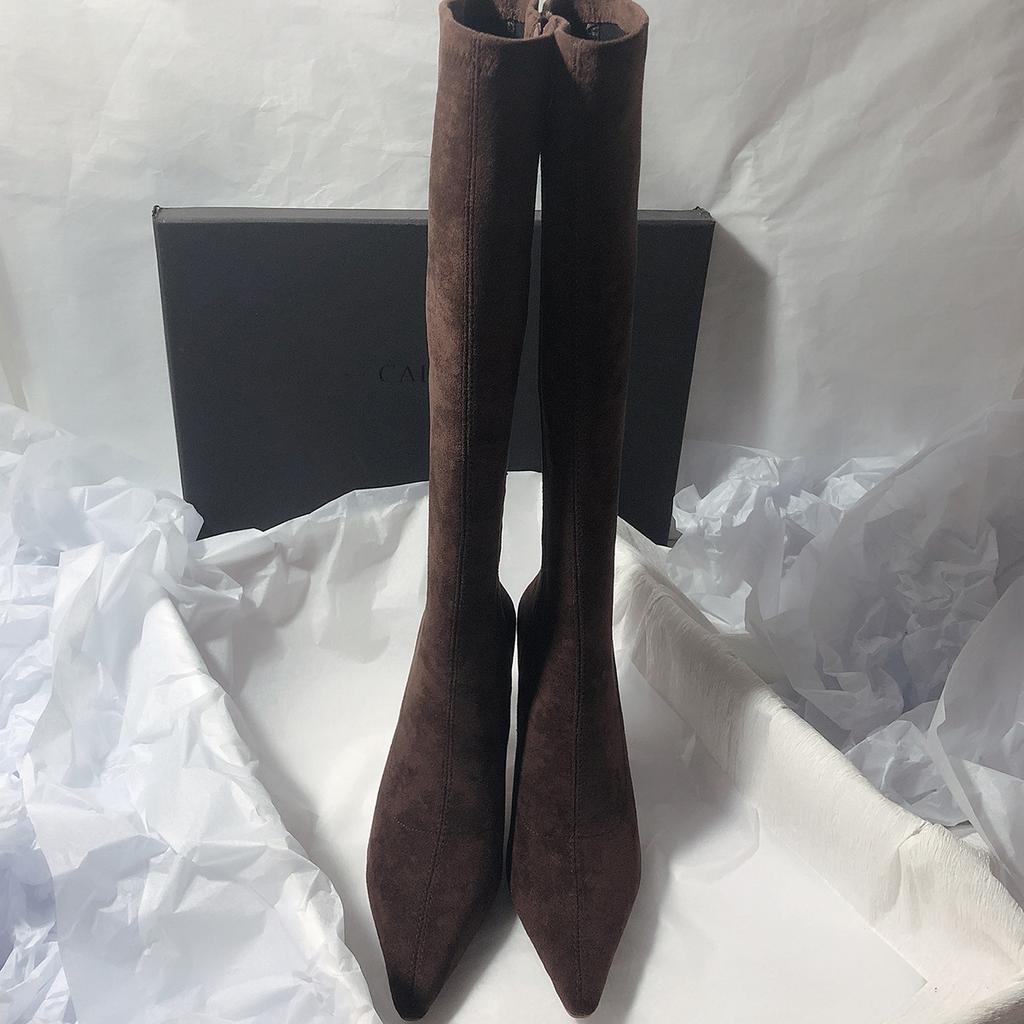Korean version of simple boots but knee elastic boots frosted side zipper pointed high heel boots