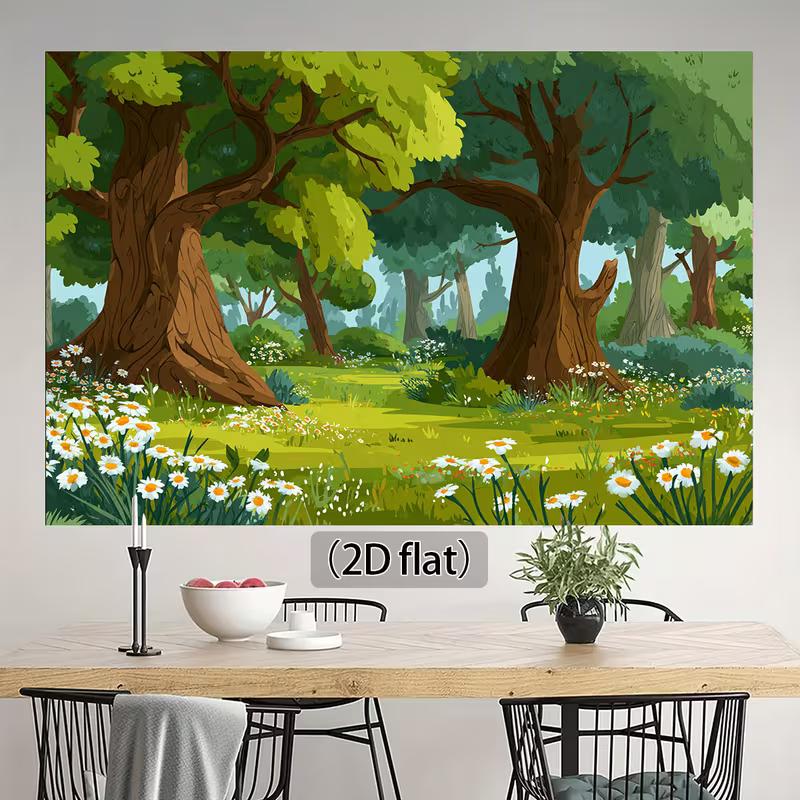 2D Cartoon Woodland Backdrop, Green Daisy Meadow Background for Baby Shower Decor