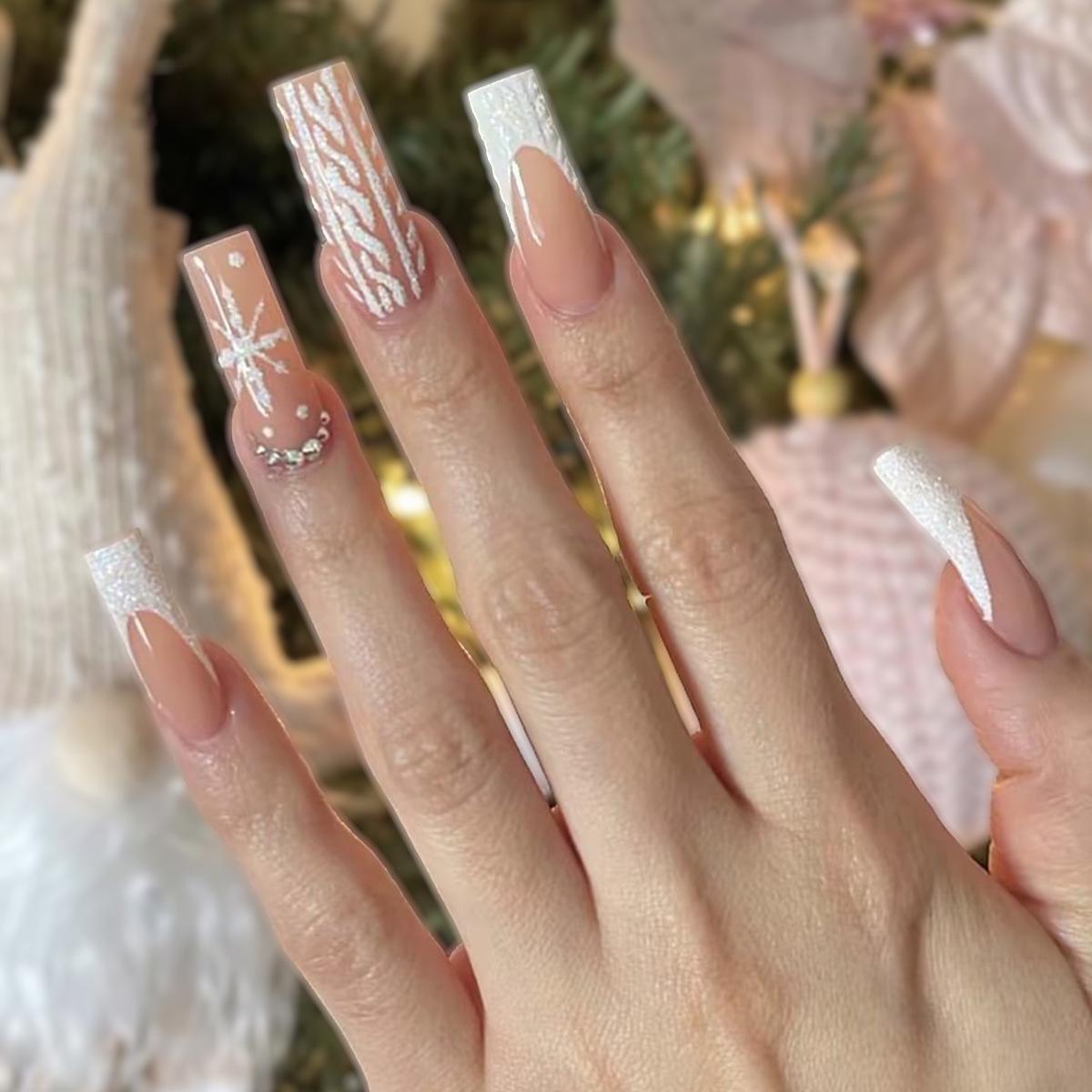 

3XL Winter Christmas Snowflake Rhinestone French Tips Press-On Nails