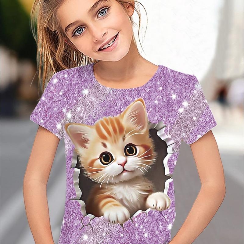 Abbigliamento per Bambini Ragazza T-shirt Manica Corta Stampa Gatto Cartone Animato 3D Vestiti Estivi per Bambini Moda Carina Abbigliamento per Ragazze Top in Poliestere