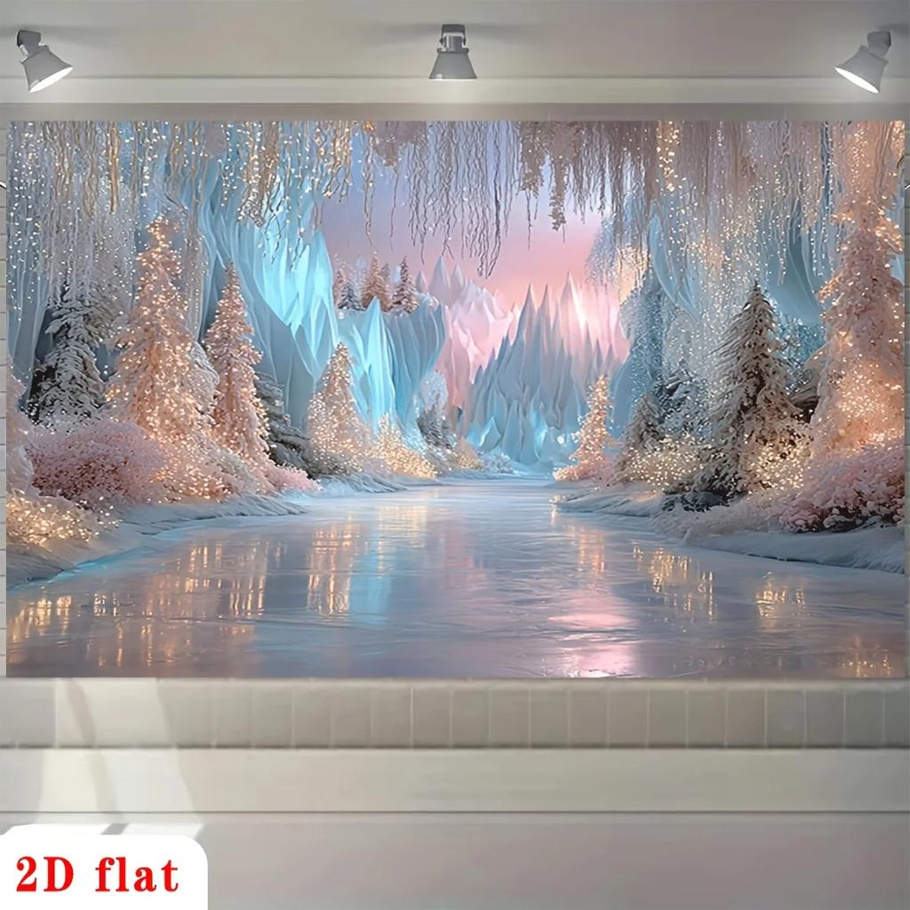 2D flat design 1-piece winter cedar tree banner - warm-toned ice cave background polyester material decorationZL