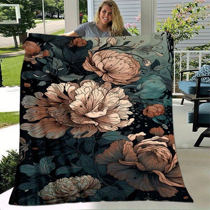 1pc Peony Printing Lightweight Flannel Blanket, Comfortable and Warm Blanket, for Camping Sofa Bed and Couch Office, Gift