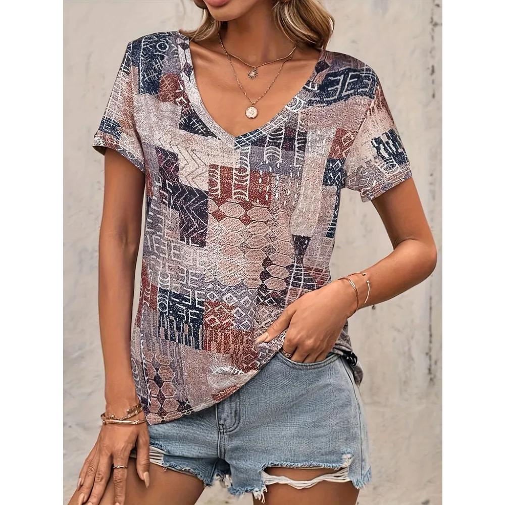 Simple Women's Striped Printed V-neck Top Casual Versatile Short-sleeved Fashion T-shirt Comfortable T-Shirts Women’s