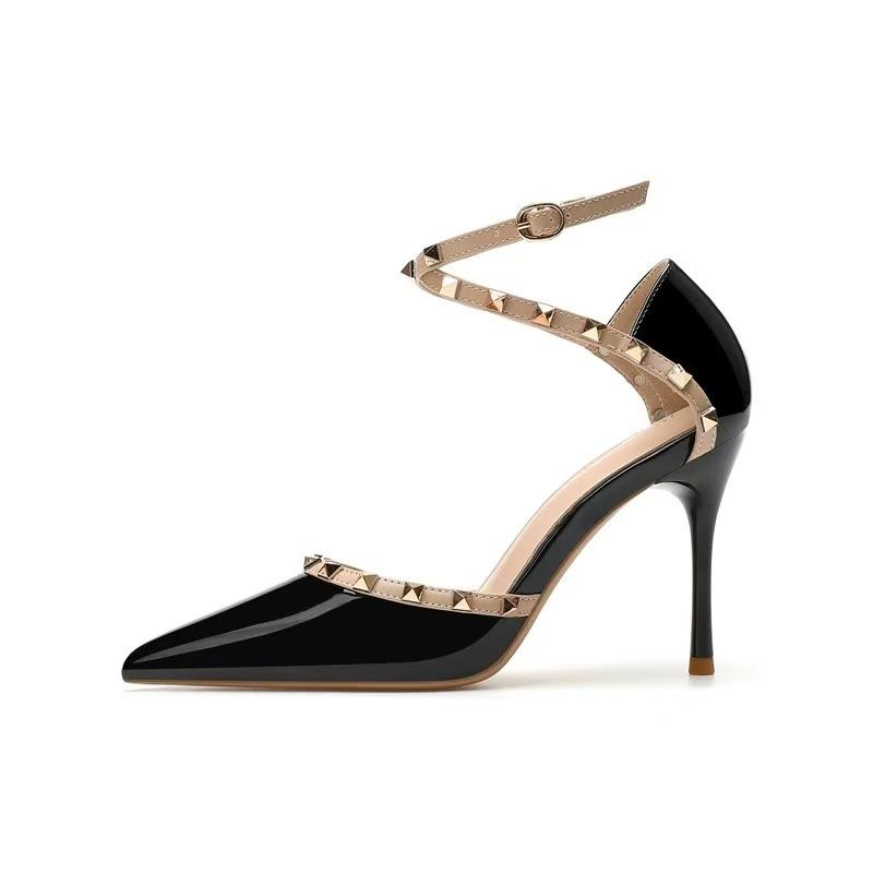 Nude high heels women's 2025 new summer fine heel rivet temperament advanced not tired foot bag head word with single shoes