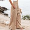Women Pants Pleated Elastic Waist Straight Wide Leg Long Trousers with Pockets Pure Color Loose Fit Summer Lounge Pants