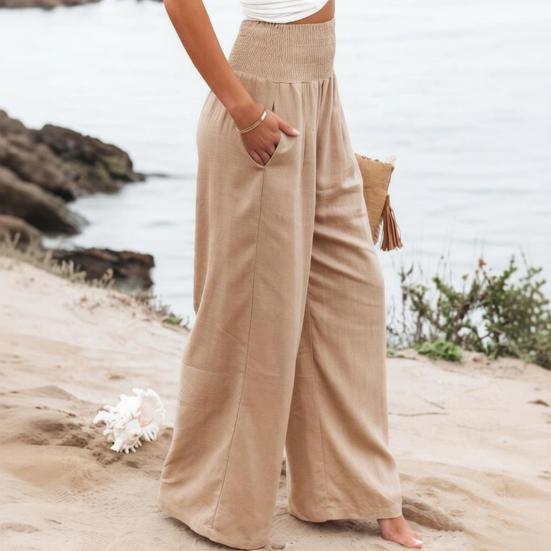 Women Pants Pleated Elastic Waist Straight Wide Leg Long Trousers with Pockets Pure Color Loose Fit Summer Lounge Pants