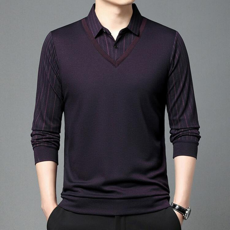 Men's Fake Two-piece Striped Polo Shirt Spring and Autumn Men's Loose Lapel Long-sleeved Shirt T-shirt