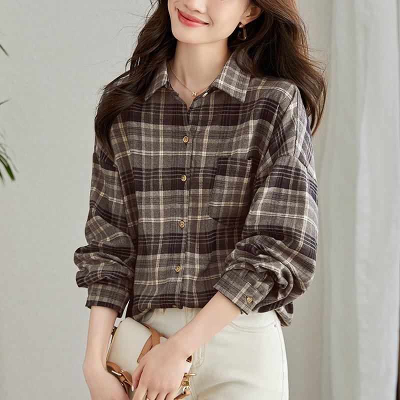 

Весна Новый Топ Свободный и Тонкий Многослойная Клетчатая Рубашка в Ретро Стиле L