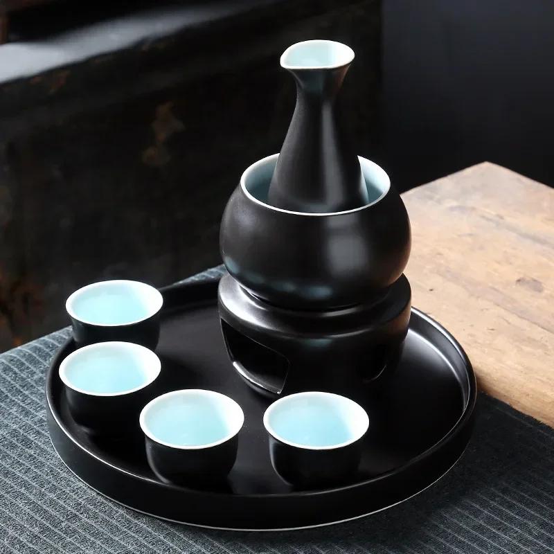 Janpanese Sake Set with Wamer, Ceramic 7pcs Wine Set with 1 Carafe 4 Sake Cups 1 Sake Warmer 1 Candle Stove