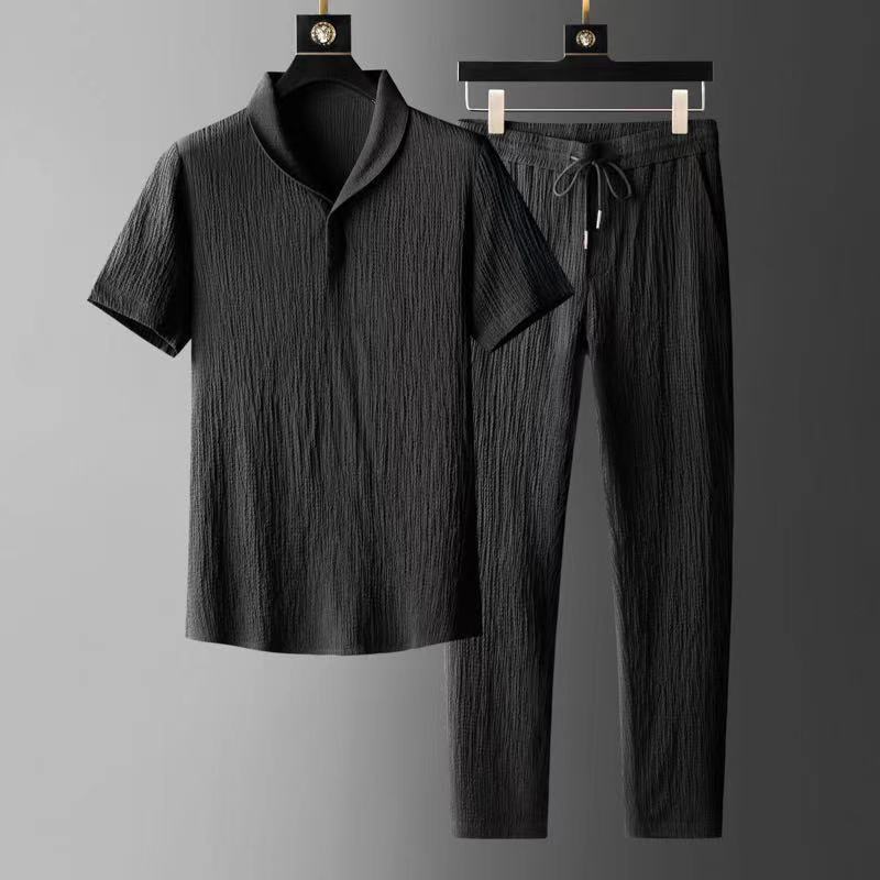 Summer Large Size Casual Short Sleeve Shirts and Long Pants 2 Pcs Tracksuit