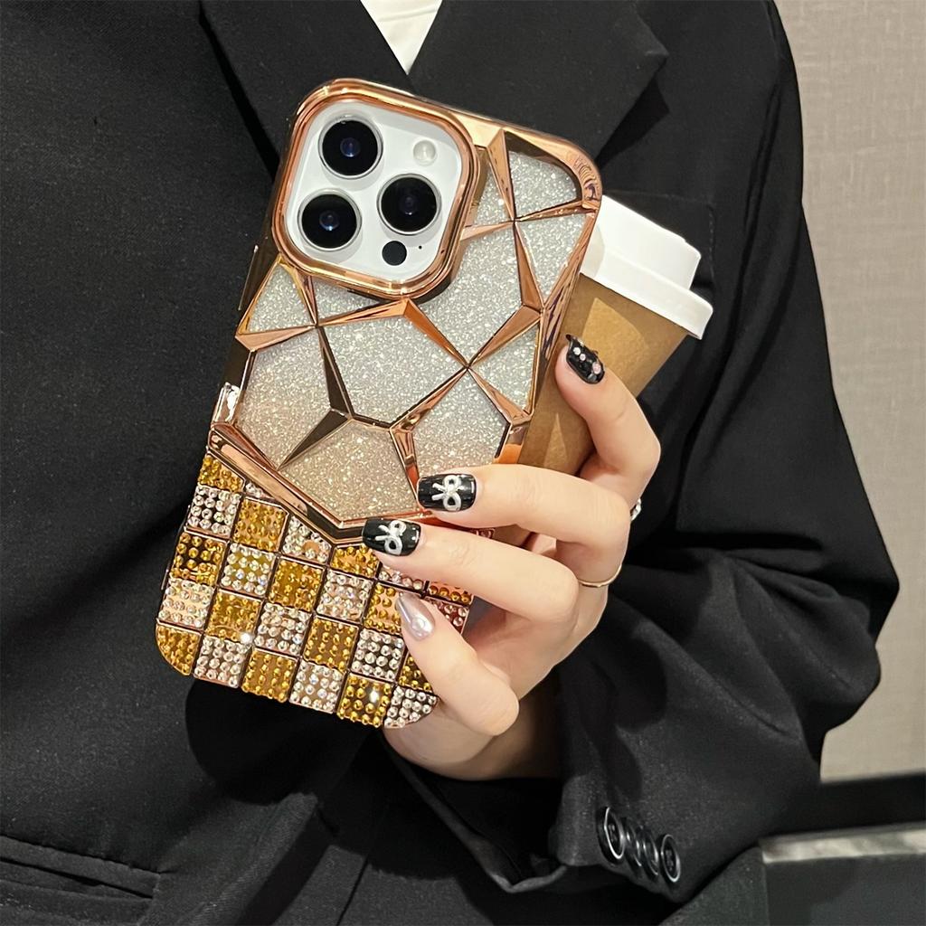 For iPhone 16 Pro Max Case with Glitter Paper Plate Geometric Diamond Pattern Rhinestone Electroplating TPU Phone Cover