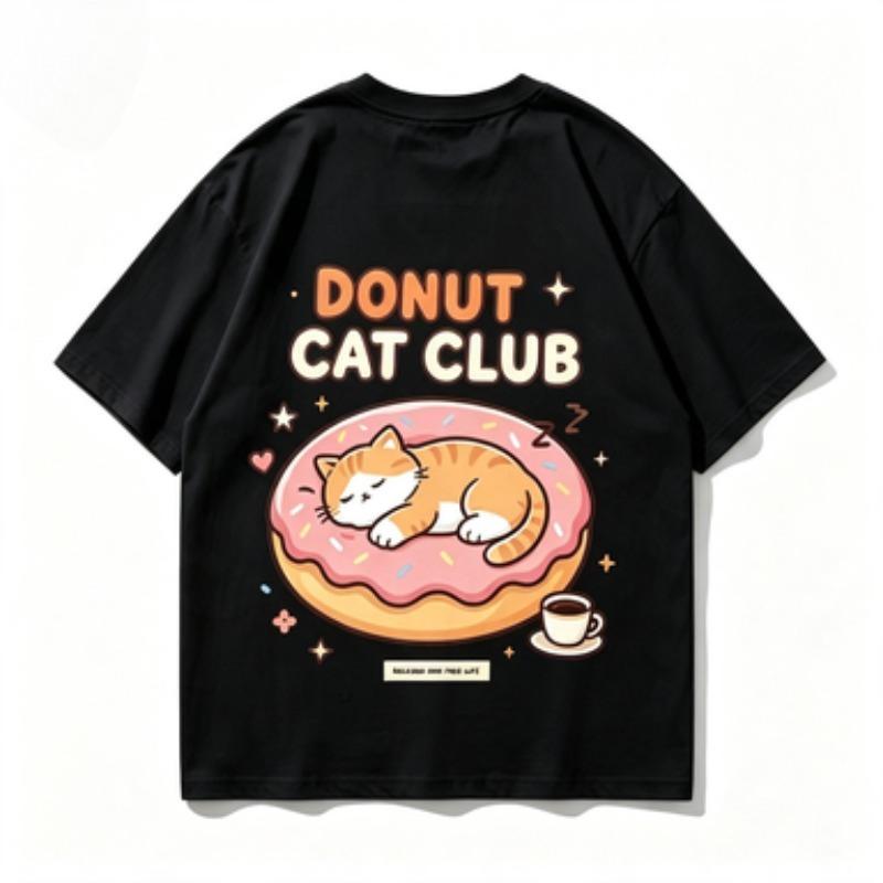 Donut Cat Club Graphic Tshirt Unisex Cute Sleeping Cat Donut Print Oneck Short Sleeve Loose Casual Summer Streetwear Tops
