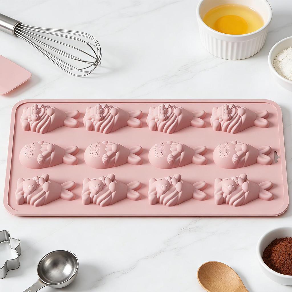 12-cavity 3D Rabbits Dwarf Mold Easter Bunny Silicone Mold Easy Release Non Stick Easter Silicone Chocolate Mold For Candy