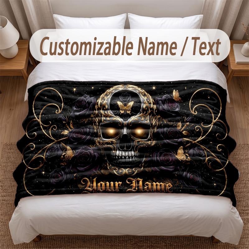 Skull Gothic Theme Soft Blanket Personalized Custom Name Text Print Warm Blanket Home Sofa Bedroom Decor