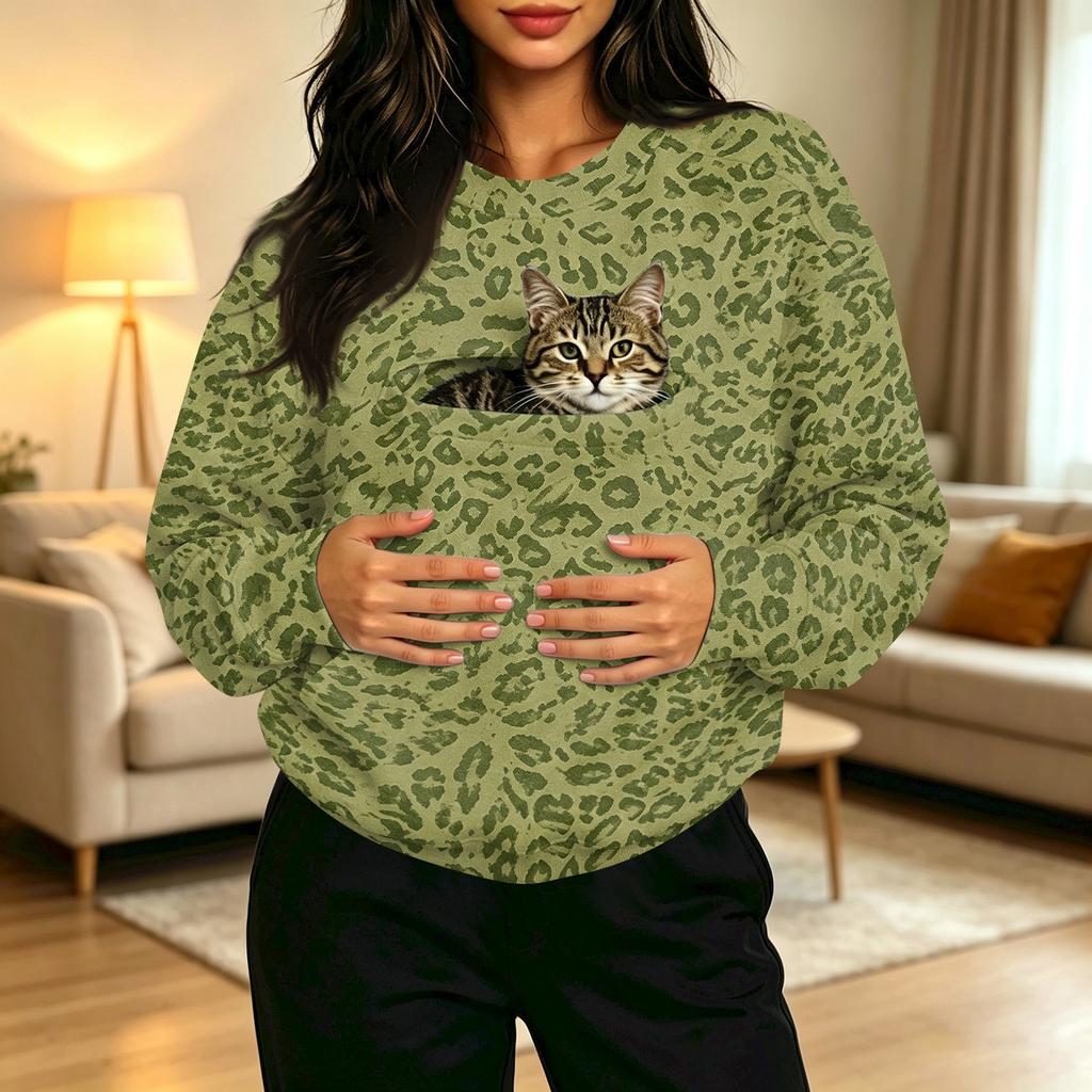 Damen Casual Pullover mit Rundhalsausschnitt, Langarm, Leopardenmuster, mit Brusttasche für Haustiere