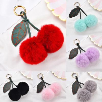 1PC Soft Plush Ball Key Chain Faux Fur Cherry Car PomPom Pendant Keyring