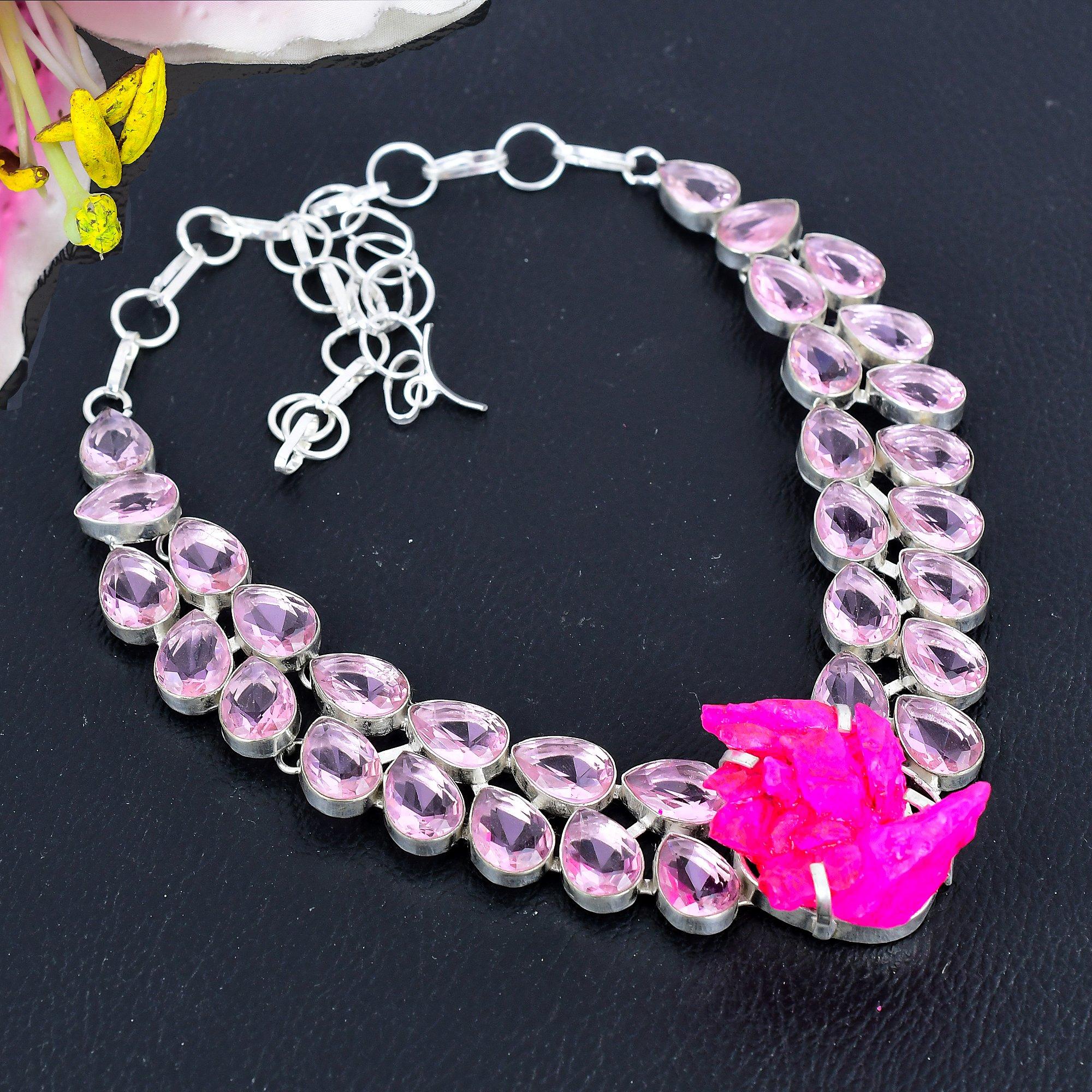 

Pink Crystal Druzy, Kunzite 925 Sterling Silver Jewelry Necklace 18 KG-1840