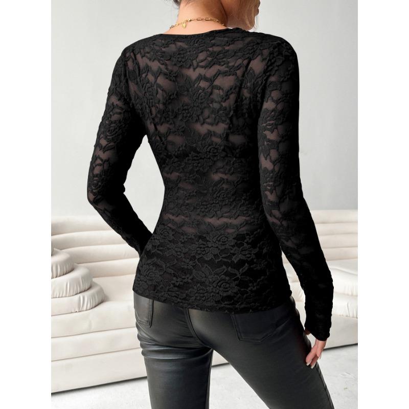Women's Elegant V-neck Scalloped Neck Edge Solid Colour Long Sleeve Slim Slim Pullover Lace Top