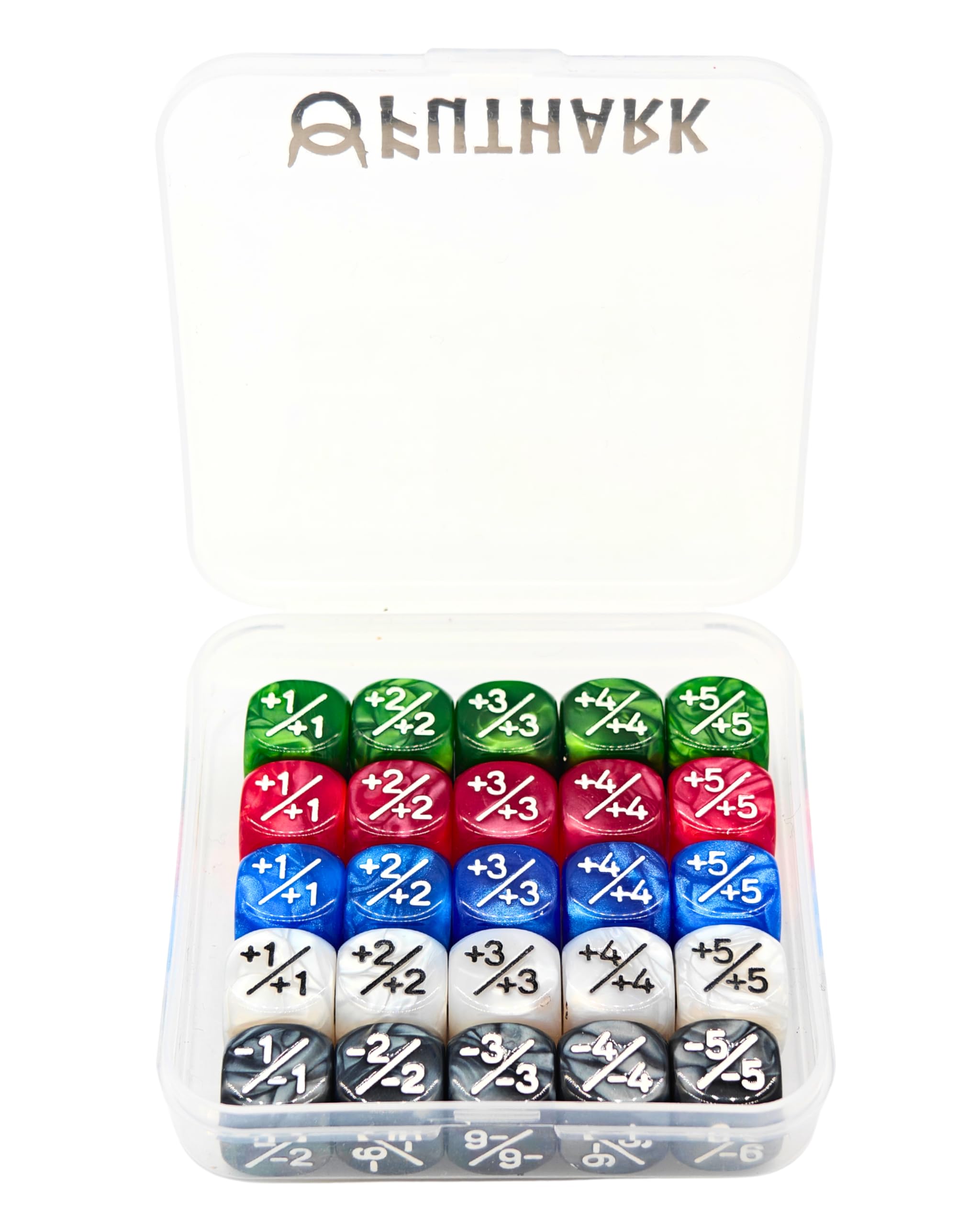

MTG Counter Dice Set, 25 Dice | Power/Toughness ± Counters, 5 Colors | Storage Box Included | Futhark, Compatible with Magic: The Gathering
