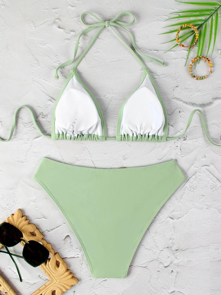 Women's Sexy Solid Color Halter Tie-Up Split Bikini Swimsuit