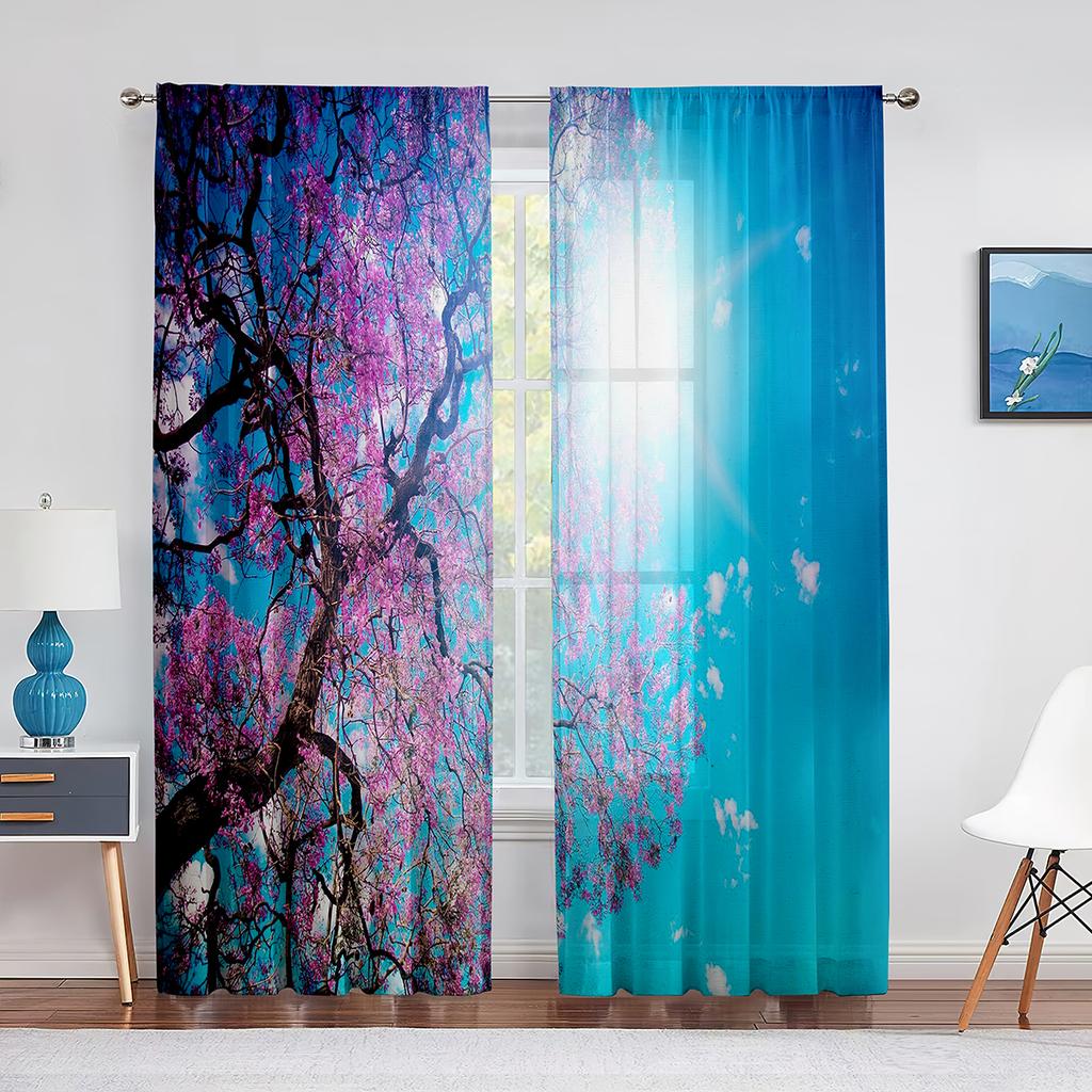 Cherry Blossom Sheer Voile Curtain Floral Sakura Blossom Pink Flower Window Tulle Curtains for Living Room Bedroom Kitchen Decor