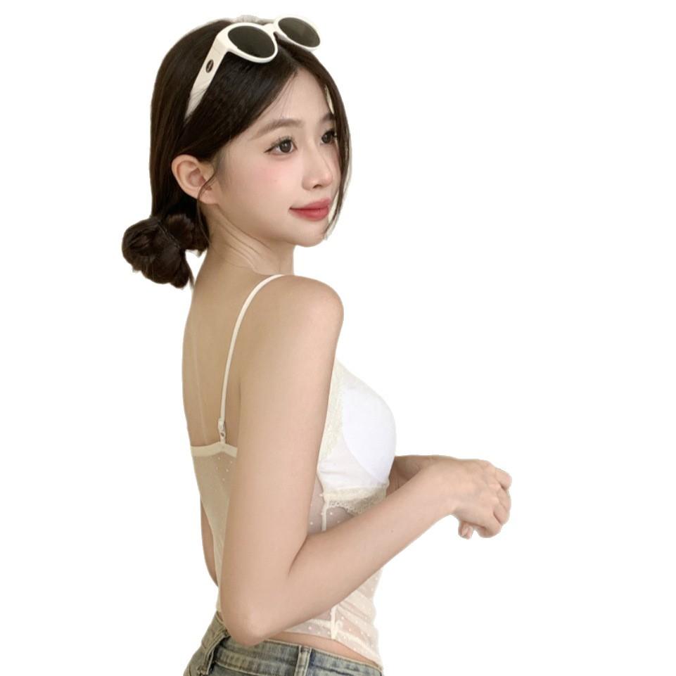 #Summer New Pure Desire Sexy Mesh Sling Vest Slim One-piece with Chest Pad Versatile and Thin Top
