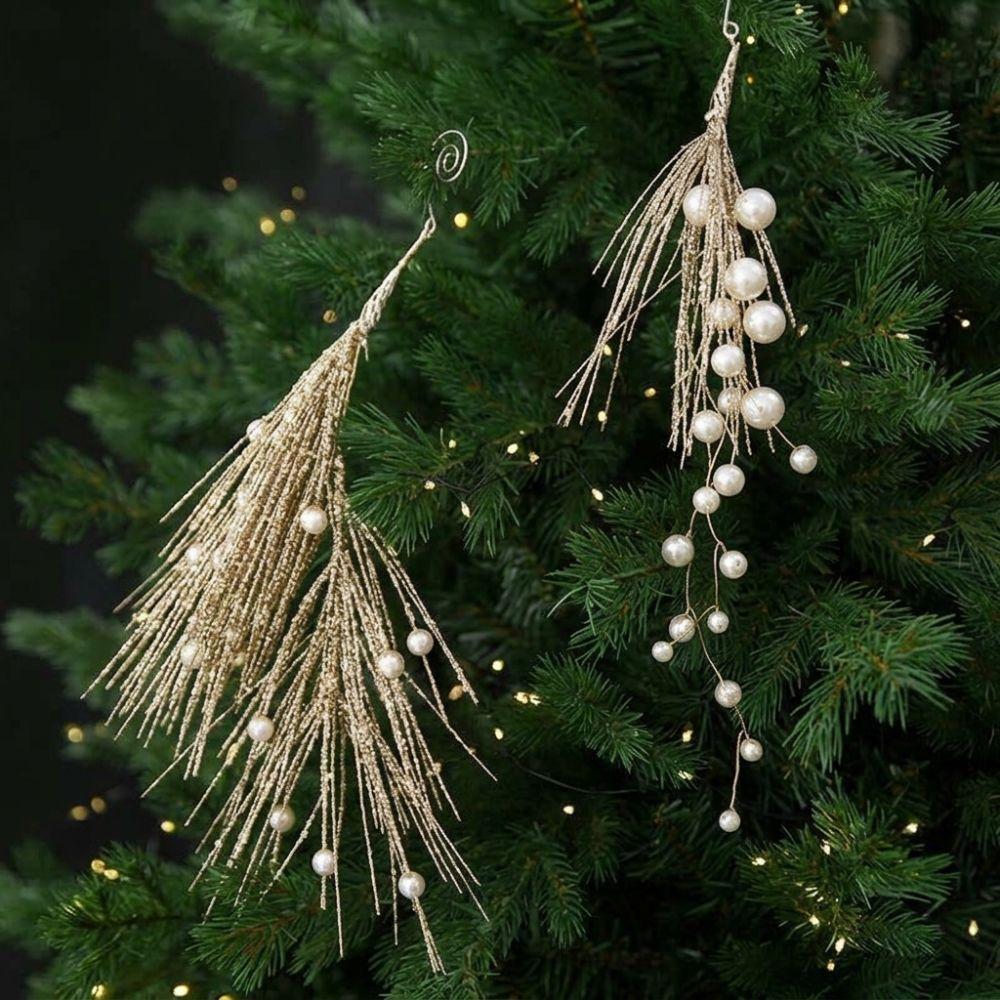 Handmade Christmas Pearl Pick Branch Realistic Xmas Tree Hanging Ornament Holiday Wreath