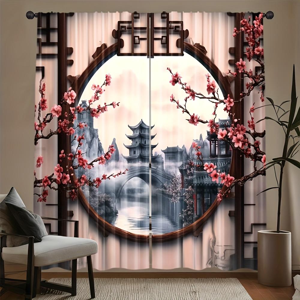 

Set Of 2 Asian Cherry Blossom Curtains Pagoda Design Pink Gray Semi Opaque Living Room Bedroom Sheer Made Polyester Area Window Treatment W100*H70(CM)-Hooks&1PCS