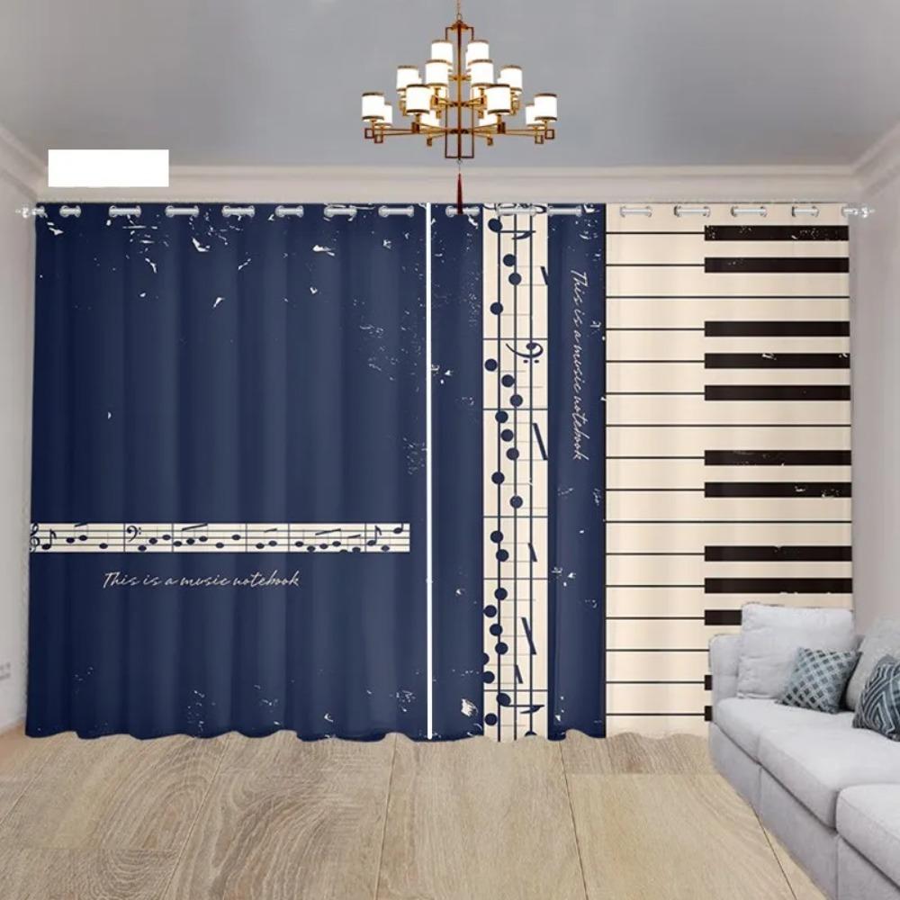 2PCS Music Stage Electric Guitar Piano White Black Key Design Sunshade Curtains Living Room Bedroom Home Decor Thin Curtains
