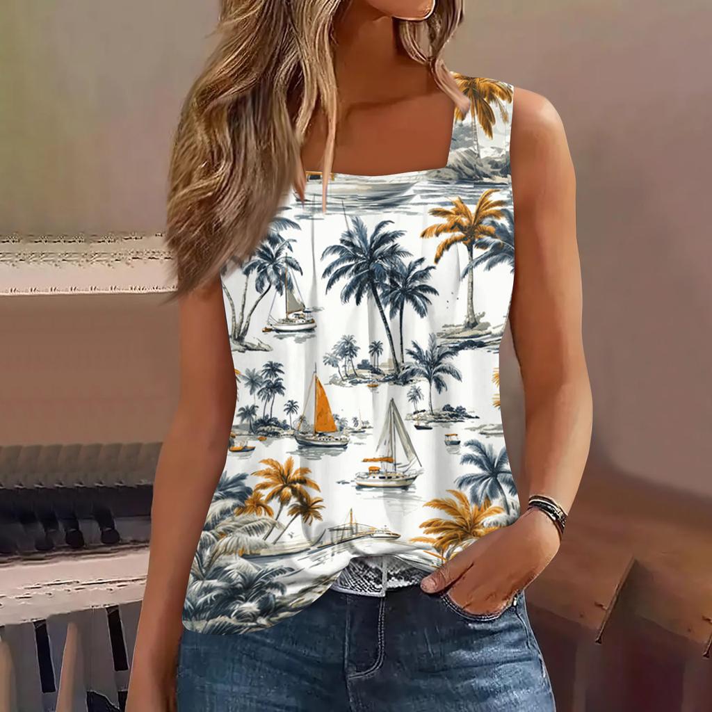 Dámské letní ležérní plisované tílko bez rukávů se čtvercovým výstřihem s potiskem