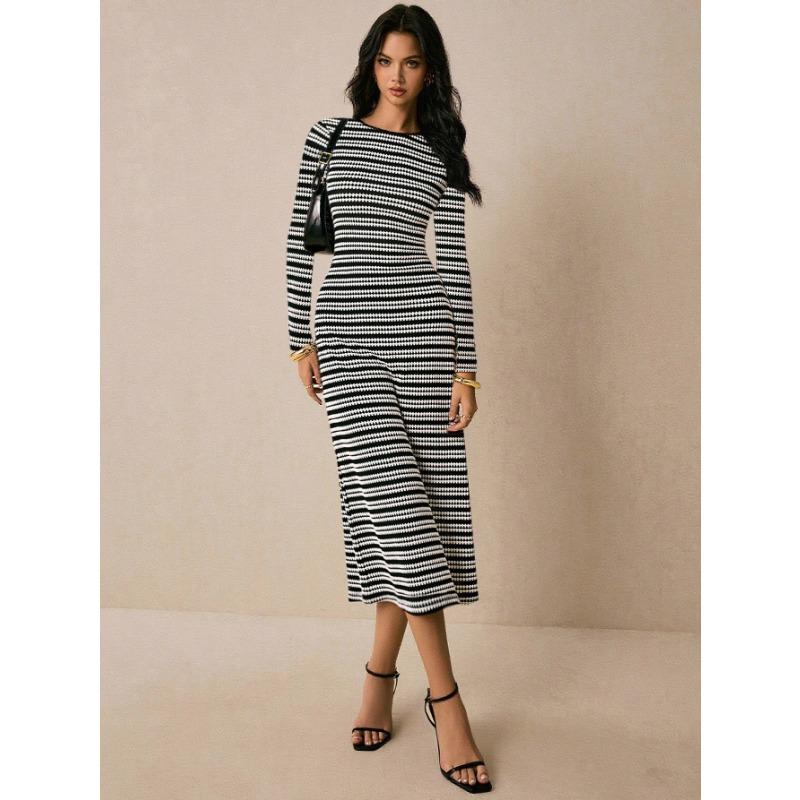 

Striped Knee-length Long Dress, Long-sleeved Round-neck Thickened Knitted Dress, Slimming Long Dress S чорний