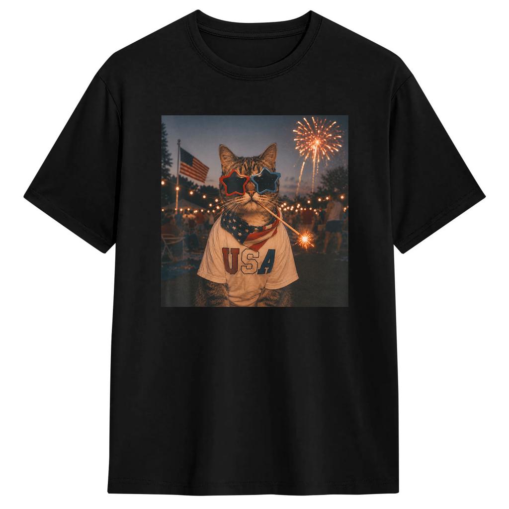 Unisex Retro Funny America Cat Hot Dog Lovers Patriotic US Flag TShirts Cotton Tops Summer Classic ShortSleeve T Shirt ONeck Tee