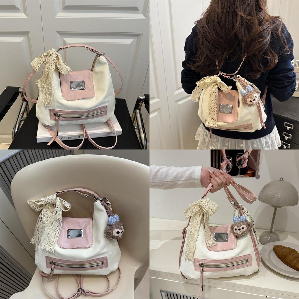 Fashion Color Blocking Design Women Casual Tote Bag With Plush Pendant For Daily Use