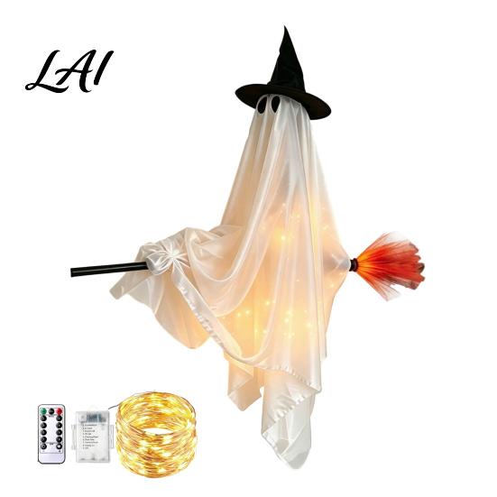 Ghost with Wizard Hat Hanging Broom Halloween Decoration Flying Witch Ornament for Creative Holiday Decor Haunted House Porch Tree Spooky Outdoor