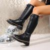 Lace-Up Front Tall Boots Women's Round Toe Platform Anti-Slip Wear-Resistant Block Heel Single Boots