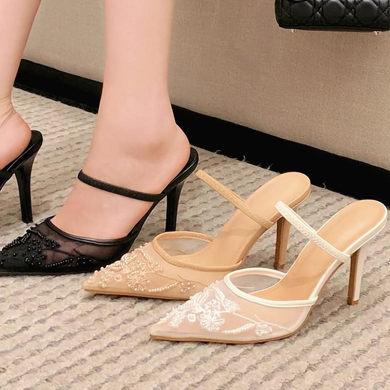 Fashion Eilyken Street Style Design Embroidery Mesh  Women Pumps Slippers Sexy Thin High Heels Pointed Toe Party Prom Shoes