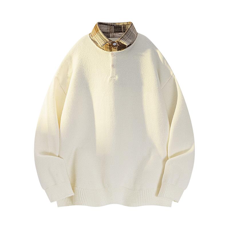 Men's New Autumn and Winter Fake Two-piece Shirt Sweater Half-button Knitted Bottoming Shirt
