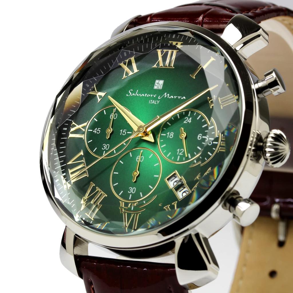 Salvatore Marra Chronograph Watch with Faceted Green and Men's Glass, Brown, SM19104-SSGRGDBR