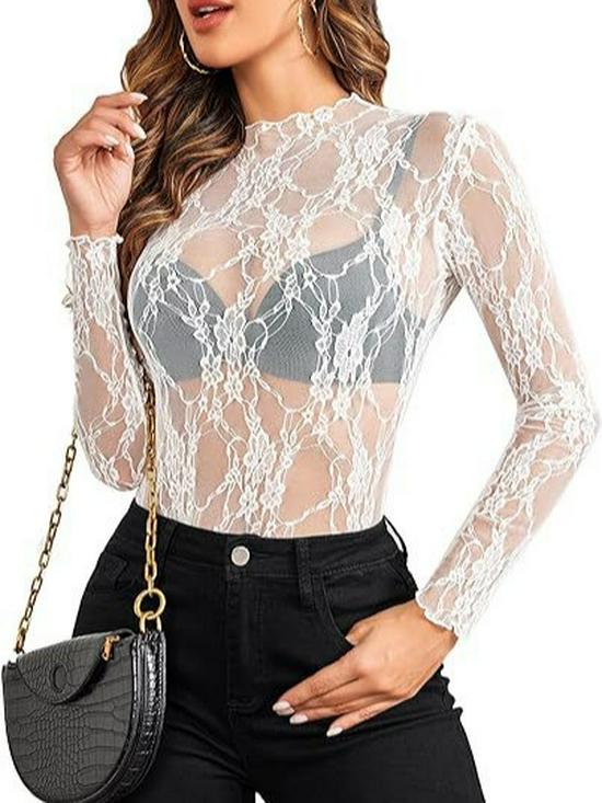 2024 Women's Long Sleeve Stand Collar Floral Lace Top - Transparent See-through Design