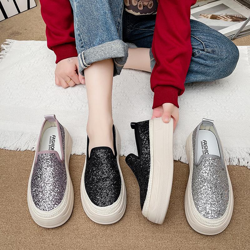 Sequin fisherman platform loafers women's 2025 spring new lazy one-pedal breathable fashion casual single shoes women
